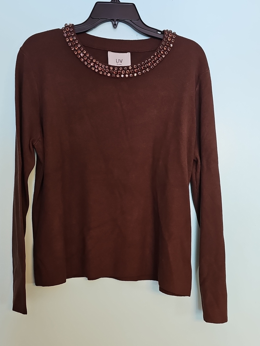 LIV Brown Long Sleeve Embellished-Neck Sweater